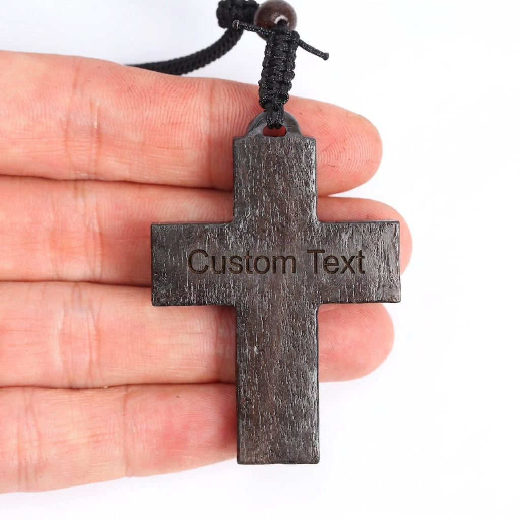 Jesus Portrait Cross Necklace – Handmade Ebony Wood Crucifix Pendant