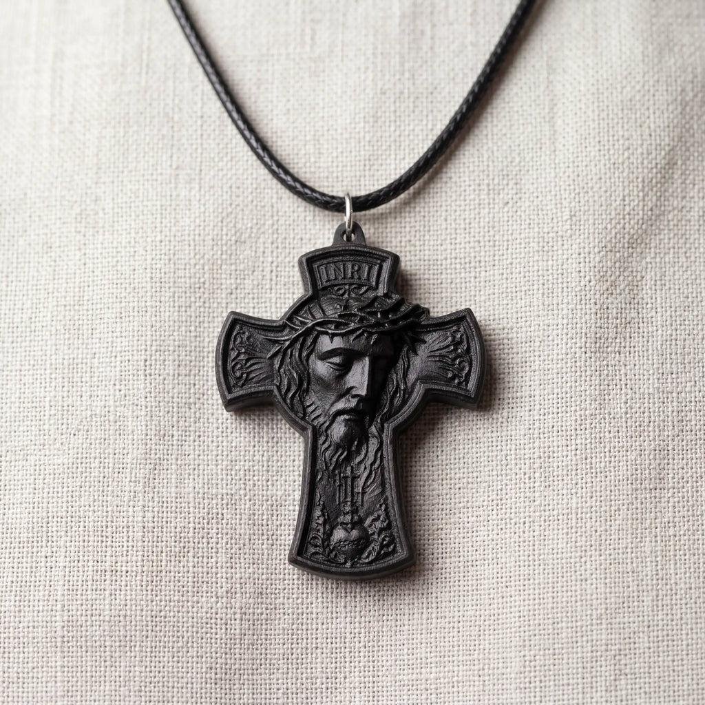 Crowned Jesus Cross Necklace – Handmade Ebony Wood Crucifix Pendant