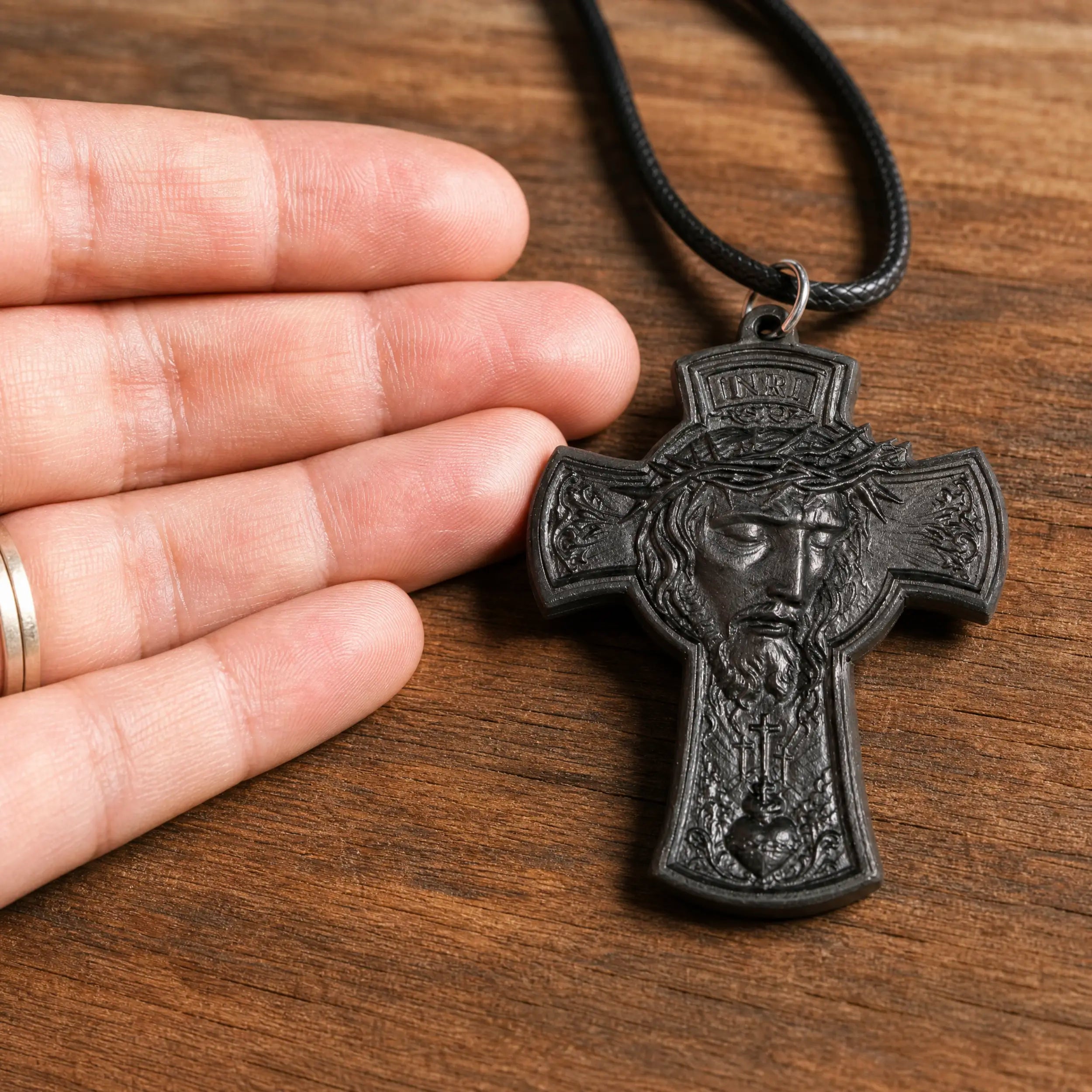 Crowned Jesus Cross Necklace – Handmade Ebony Wood Crucifix Pendant