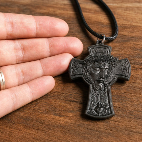 Crowned Jesus Cross Necklace – Handmade Ebony Wood Crucifix Pendant