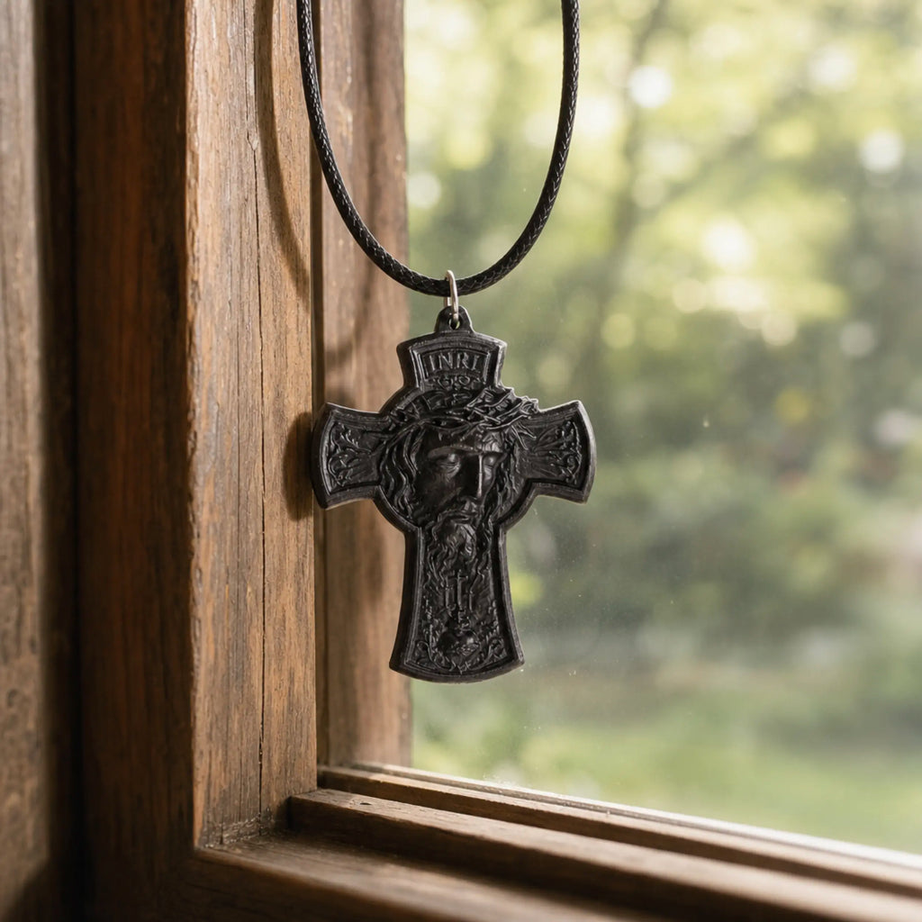 Crowned Jesus Cross Necklace – Handmade Ebony Wood Crucifix Pendant