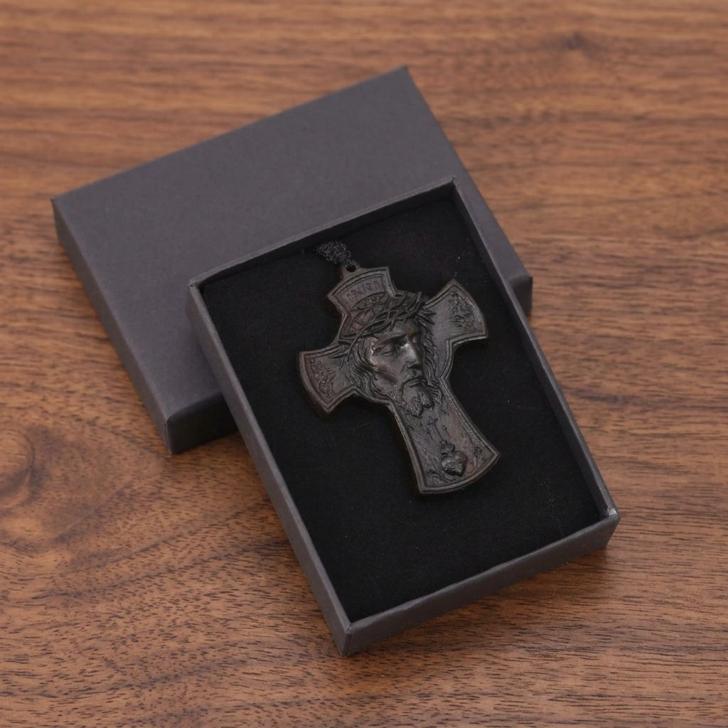 Crowned Jesus Cross Necklace – Handmade Ebony Wood Crucifix Pendant