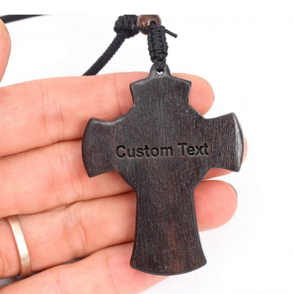 Crowned Jesus Cross Necklace – Handmade Ebony Wood Crucifix Pendant
