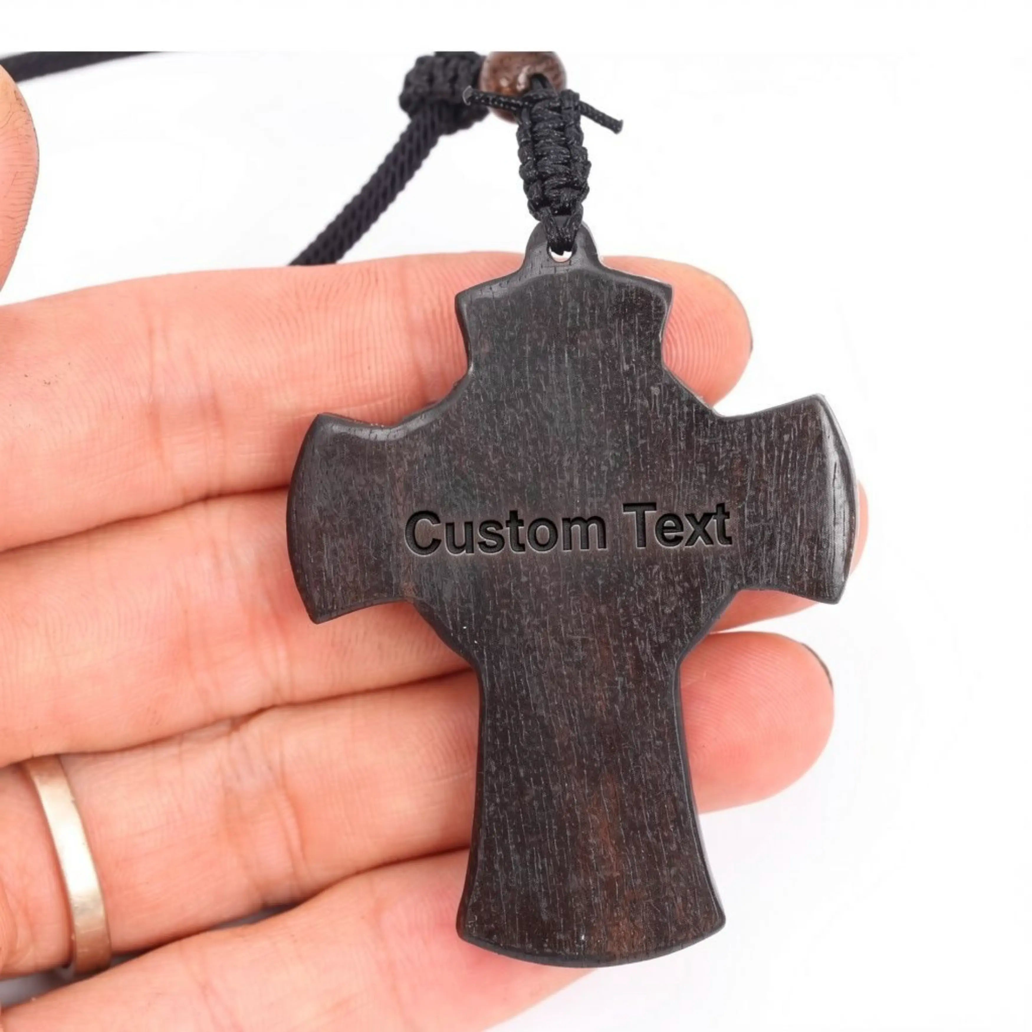 Crowned Jesus Cross Necklace – Handmade Ebony Wood Crucifix Pendant