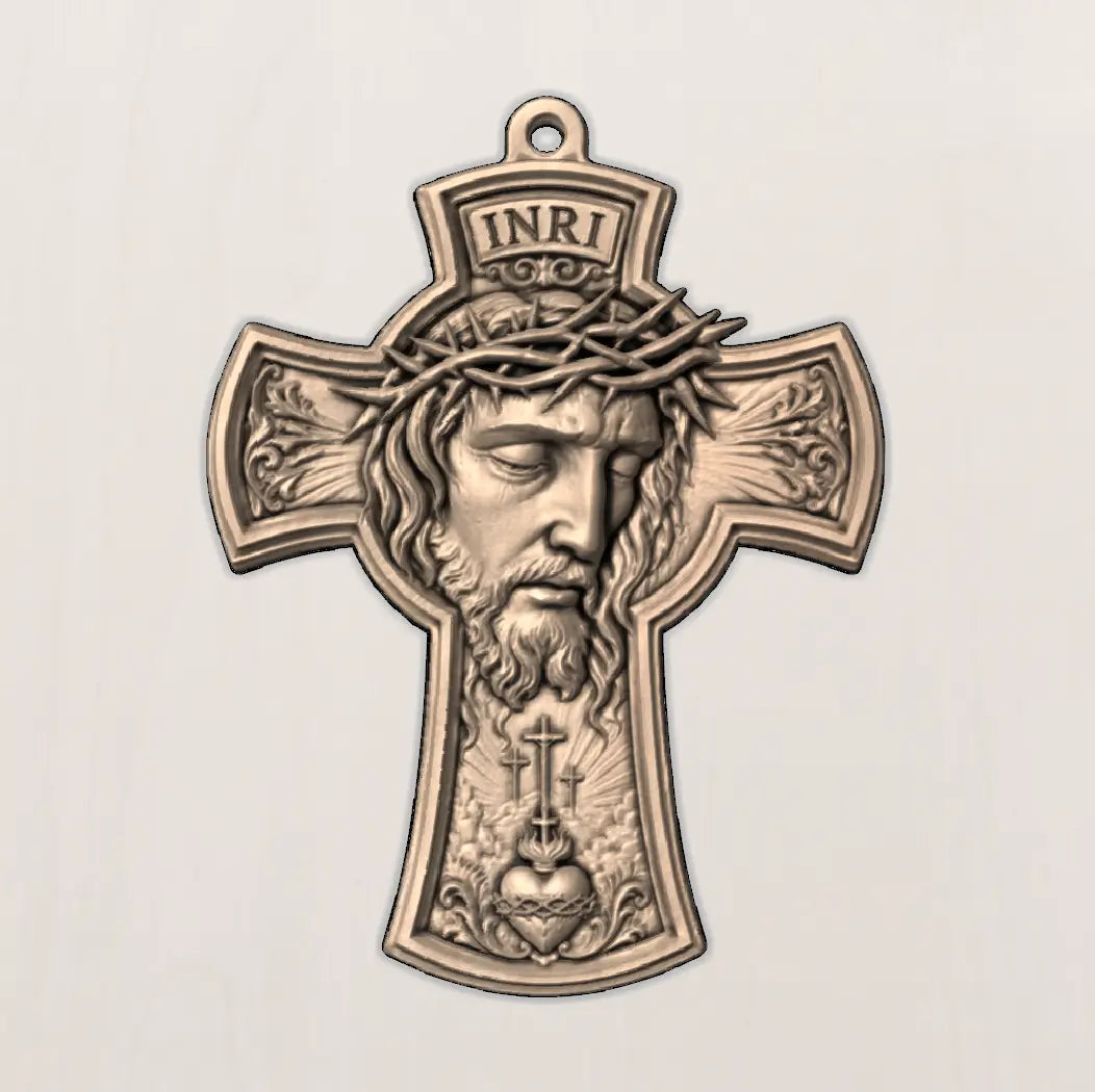 Jesus Portrait Crucifix Cross 3D STL Model - Relief Pendant File for CNC & 3D Printing
