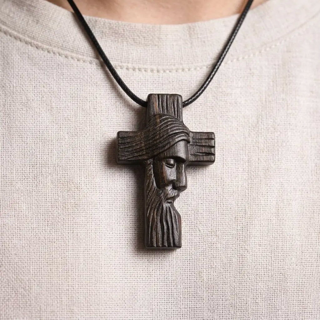 Personalized Jesus Profile Cross Necklace, Handcrafted Reclaimed Ebony Wood Cross Pendant