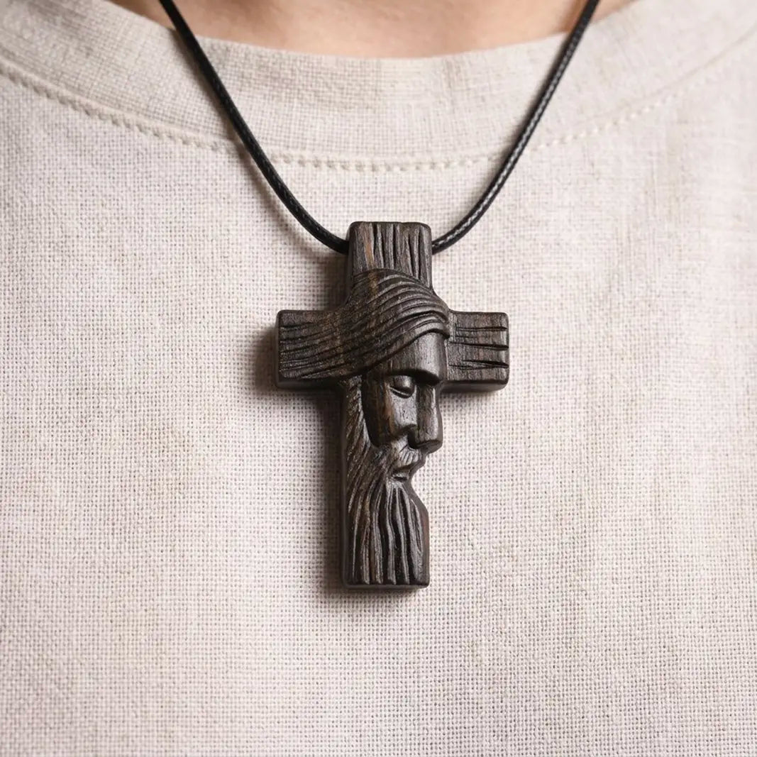 Personalized Jesus Profile Cross Necklace, Handcrafted Reclaimed Ebony Wood Cross Pendant