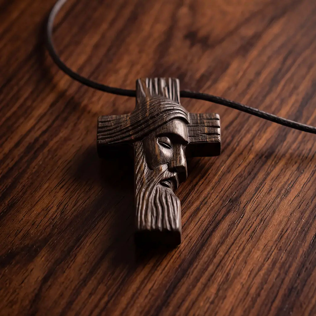 Personalized Jesus Profile Cross Necklace, Handcrafted Reclaimed Ebony Wood Cross Pendant