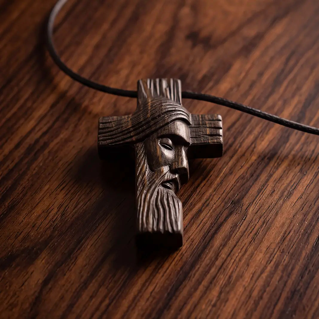 Personalized Jesus Profile Cross Necklace, Handcrafted Reclaimed Ebony Wood Cross Pendant