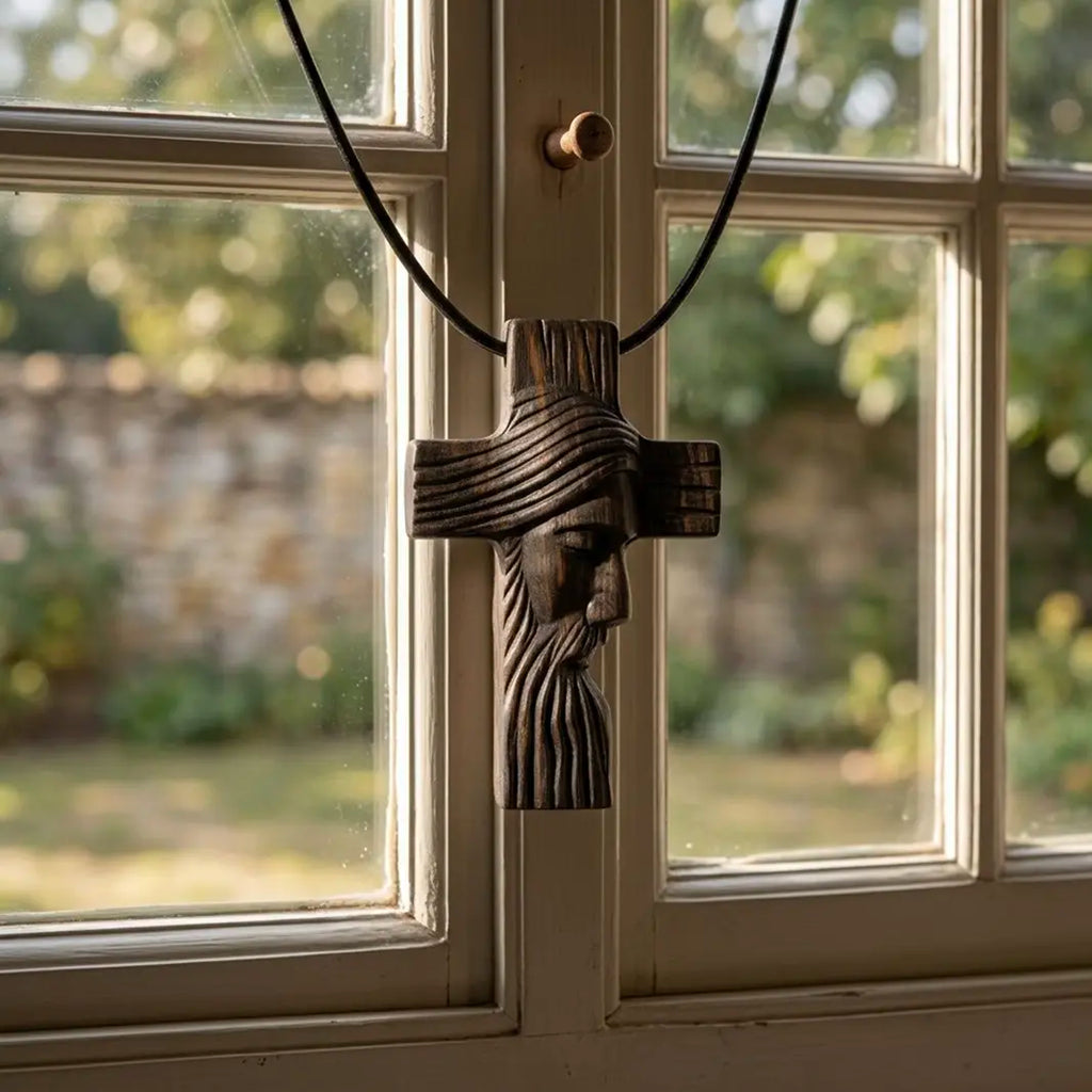 Personalized Jesus Profile Cross Necklace, Handcrafted Reclaimed Ebony Wood Cross Pendant