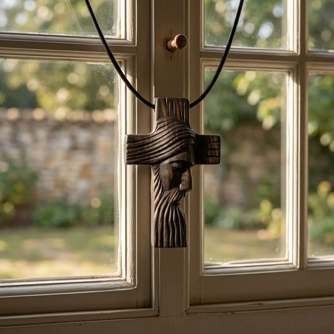 Personalized Jesus Profile Cross Necklace, Handcrafted Reclaimed Ebony Wood Cross Pendant