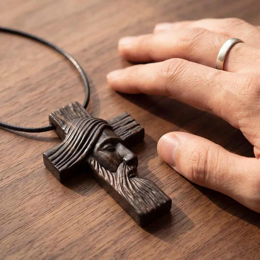 Personalized Jesus Profile Cross Necklace, Handcrafted Reclaimed Ebony Wood Cross Pendant