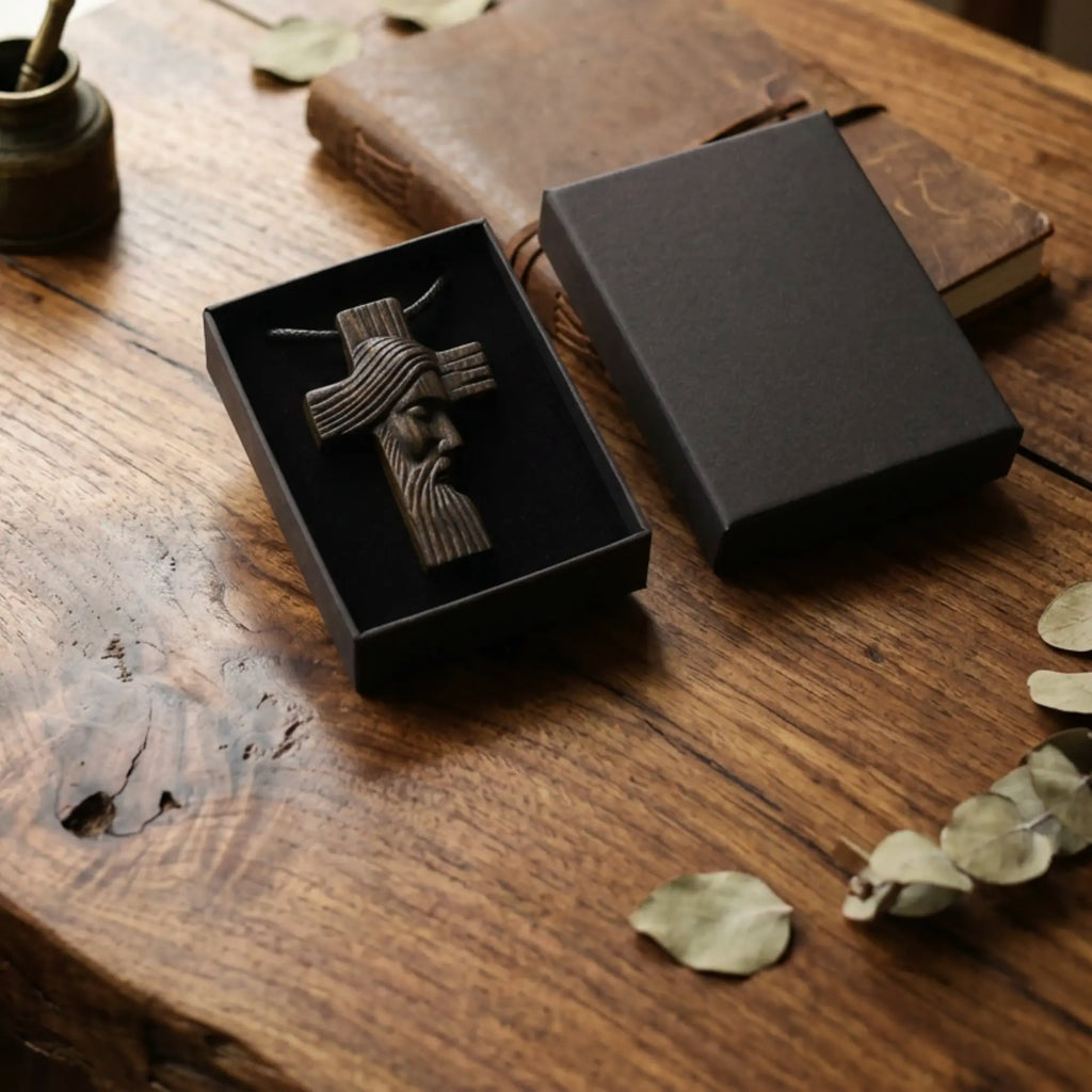 Personalized Jesus Profile Cross Necklace, Handcrafted Reclaimed Ebony Wood Cross Pendant