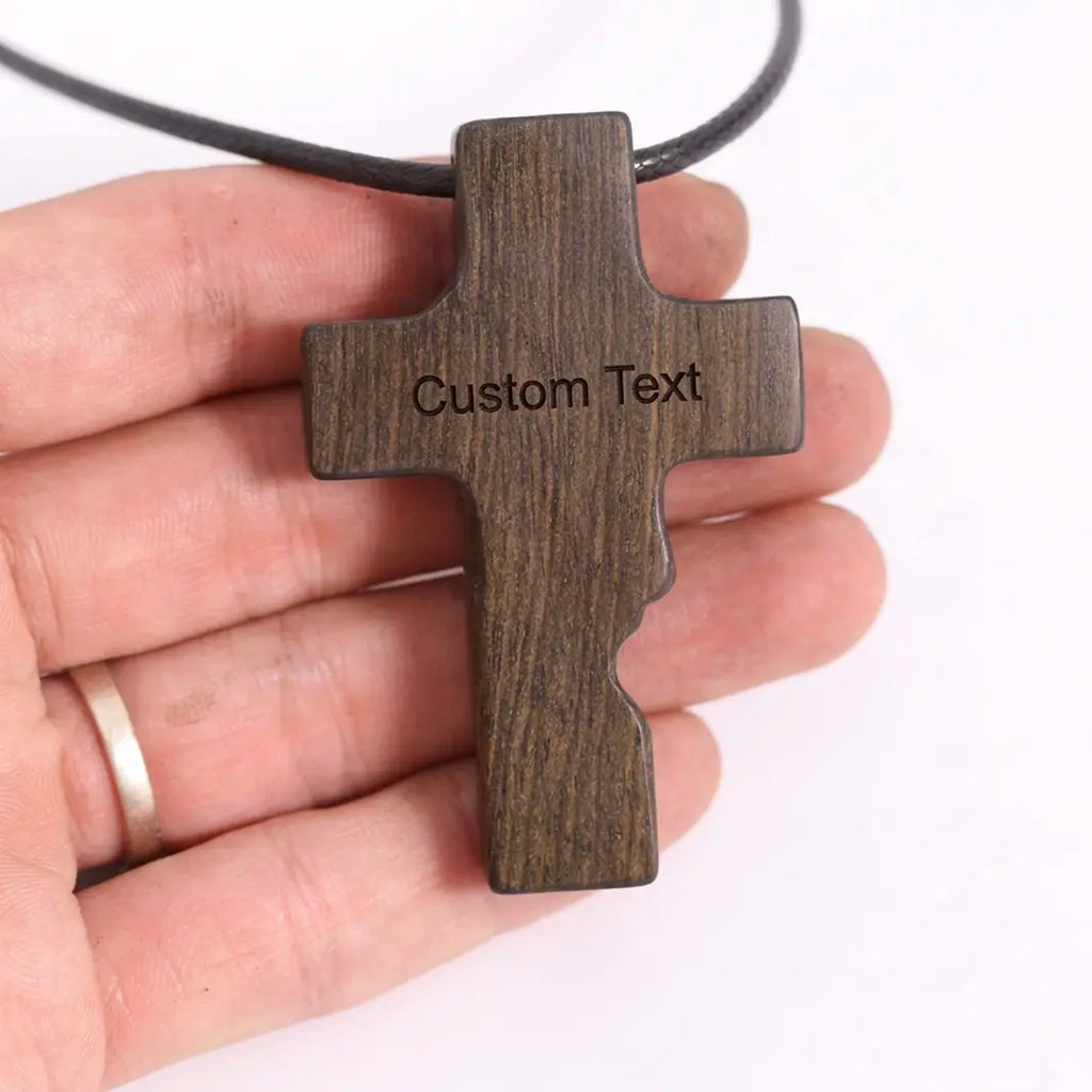 Personalized Jesus Profile Cross Necklace, Handcrafted Reclaimed Ebony Wood Cross Pendant