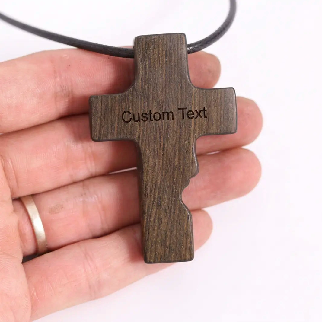 Personalized Jesus Profile Cross Necklace, Handcrafted Reclaimed Ebony Wood Cross Pendant
