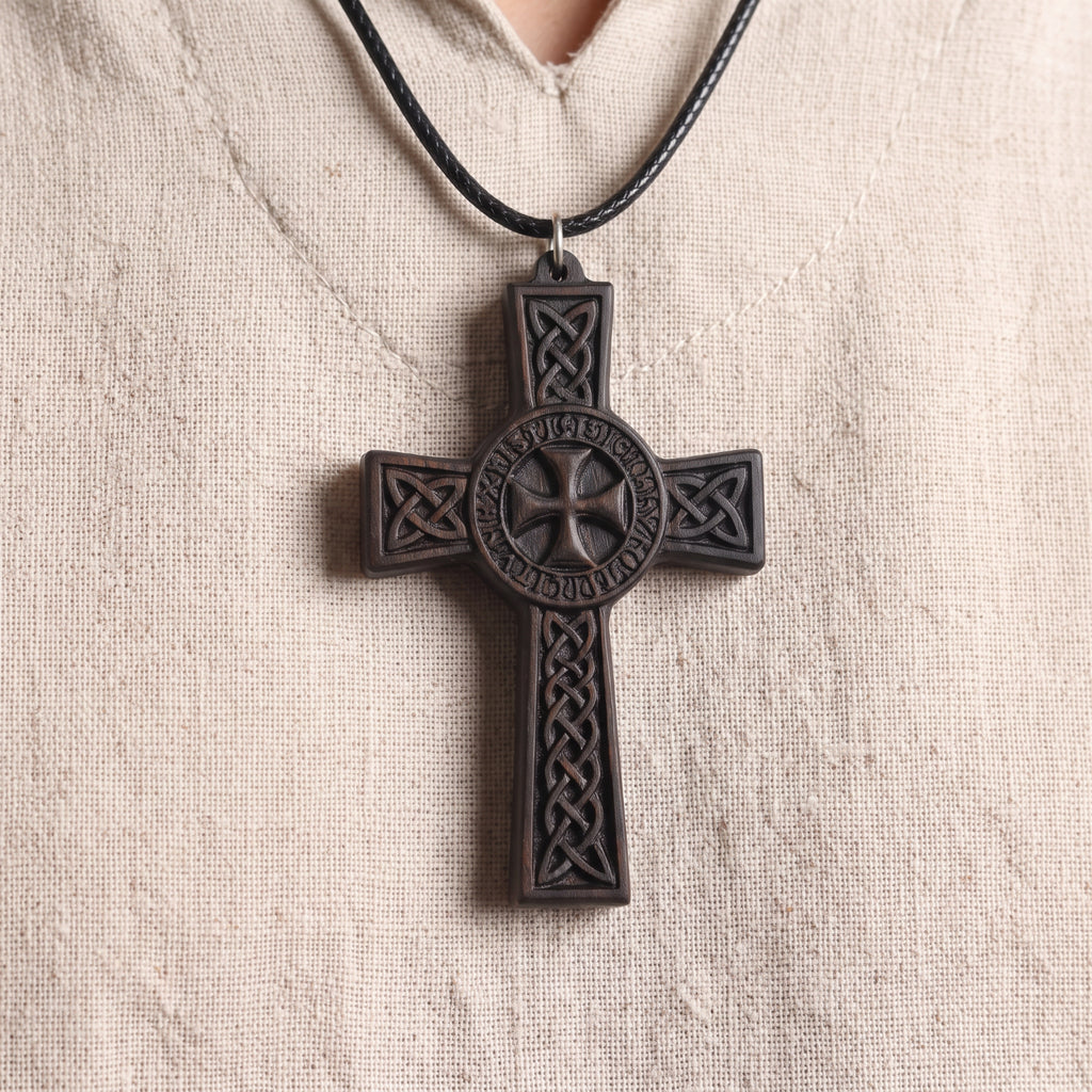 Knights Templar Celtic Cross Necklace - Handmade Reclaimed Ebony Wood Pendant