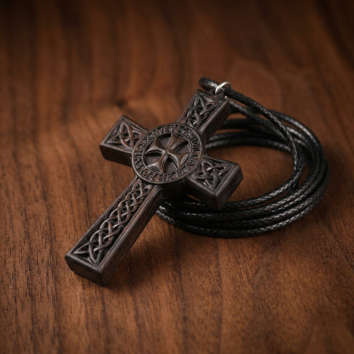 Knights Templar Celtic Cross Necklace - Handmade Reclaimed Ebony Wood Pendant