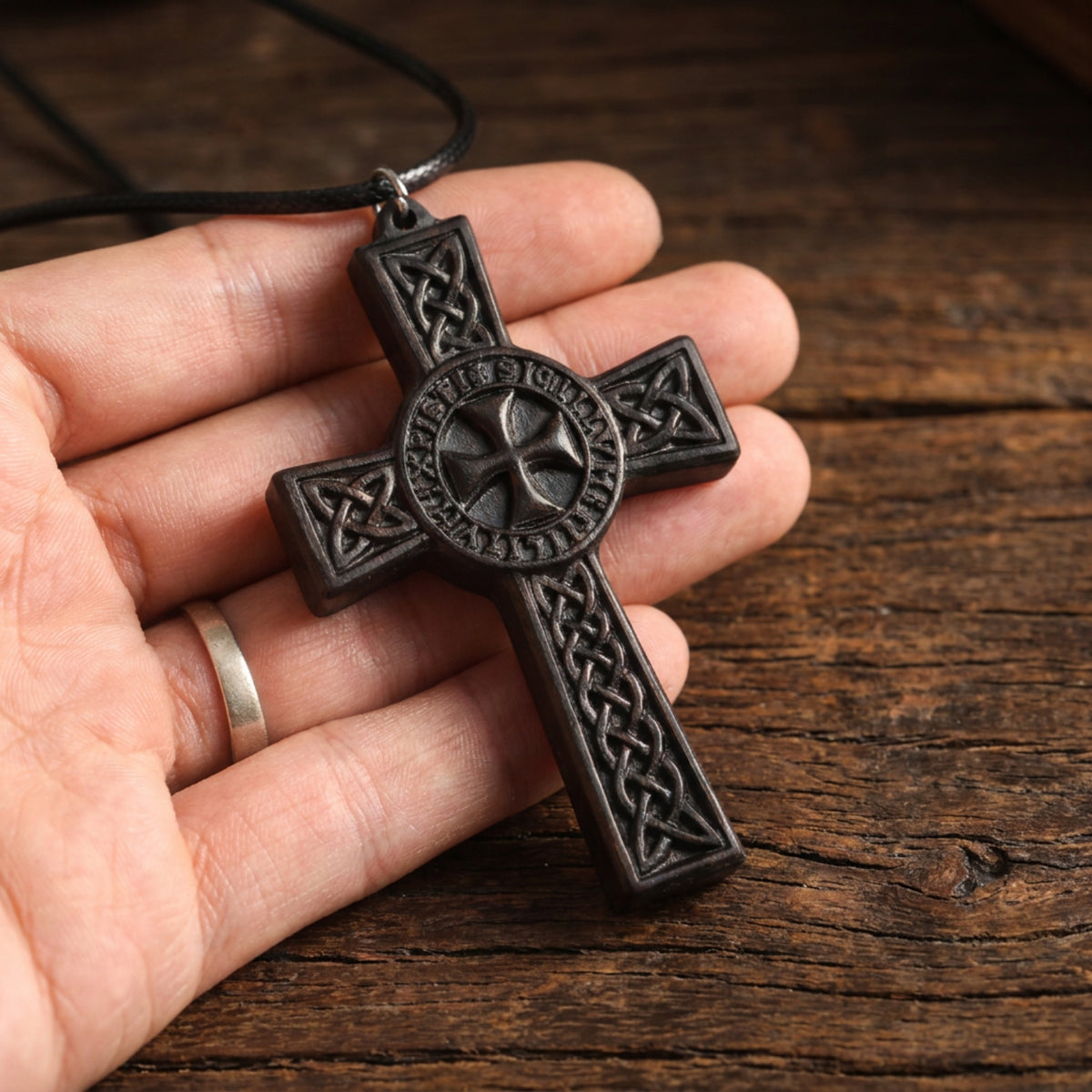 Knights Templar Celtic Cross Necklace - Handmade Reclaimed Ebony Wood Pendant