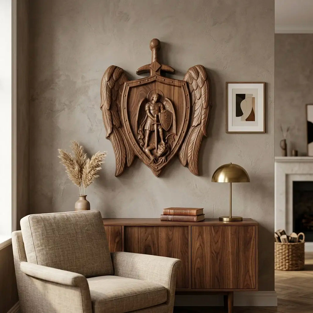 St Michael Wings Shield 3D STL Model - Archangel Protection Pendant Relief File for CNC & 3D Printing