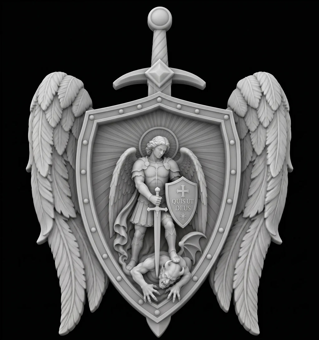 St Michael Wings Shield 3D STL Model - Archangel Protection Pendant Relief File for CNC & 3D Printing