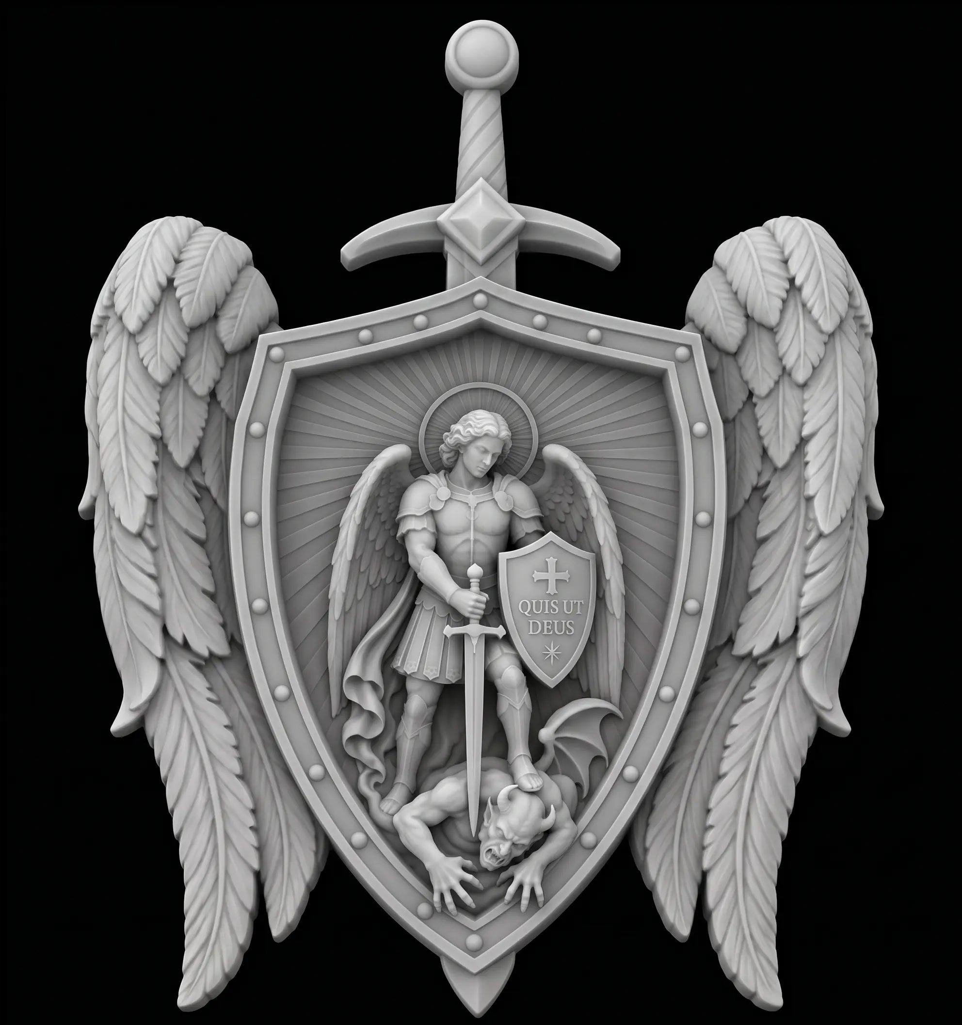 St Michael Wings Shield 3D STL Model - Archangel Protection Pendant Relief File for CNC & 3D Printing