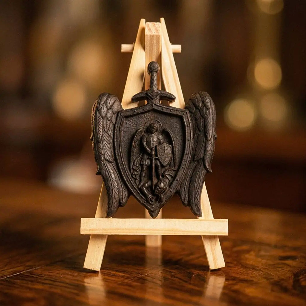 Personalized St Michael Mini Plaque – Ebony Wood Archangel Michael Wings Shield Decor