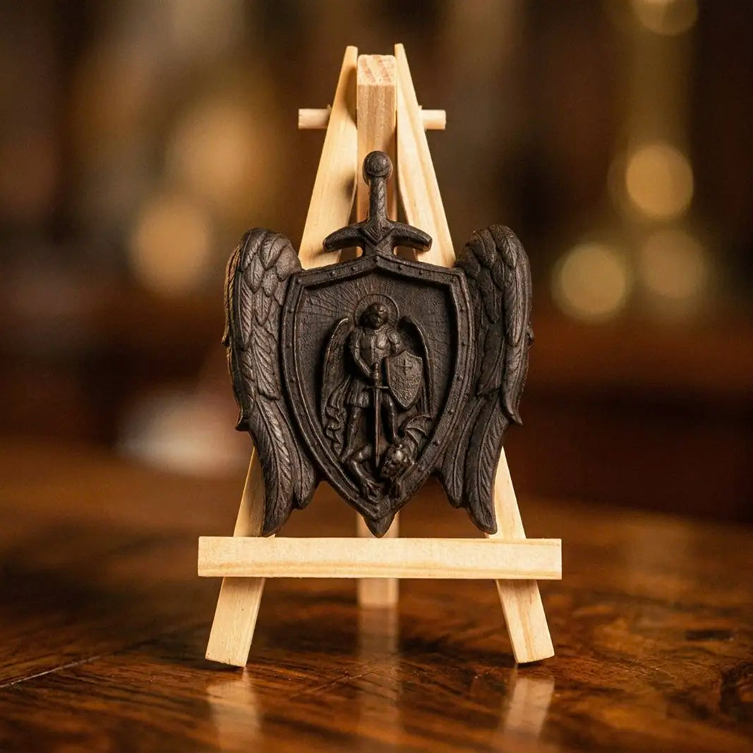 Personalized St Michael Mini Plaque – Ebony Wood Archangel Michael Wings Shield Decor