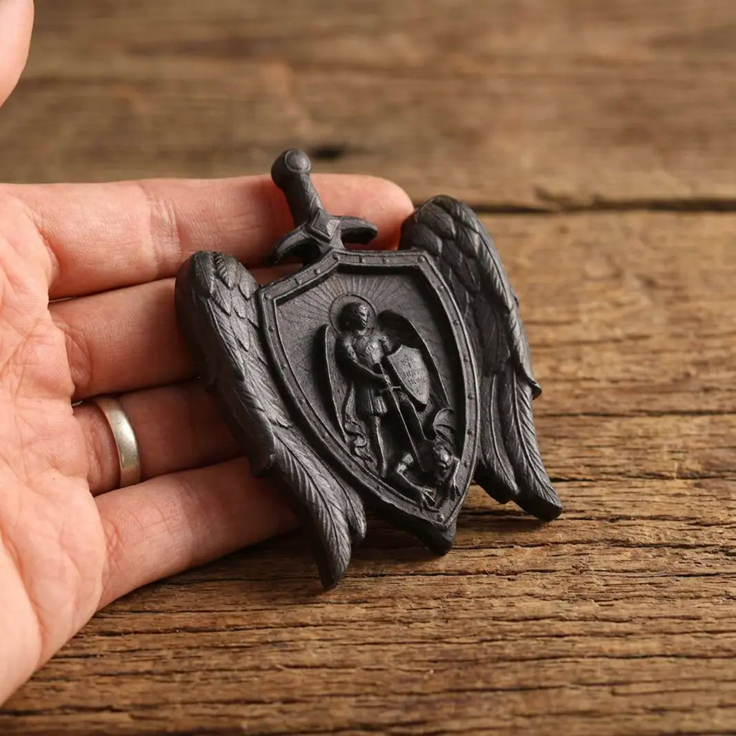 Personalized St Michael Mini Plaque – Ebony Wood Archangel Michael Wings Shield Decor