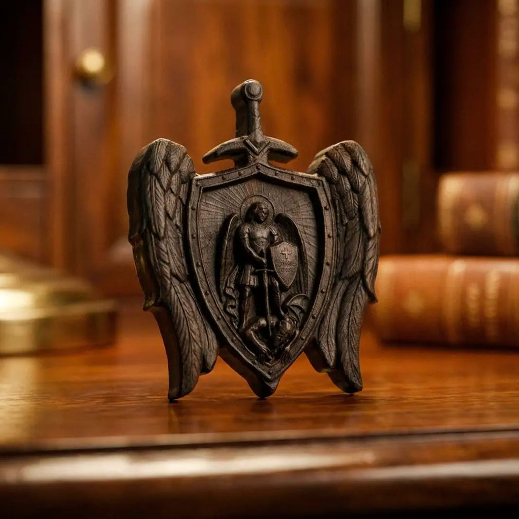 Personalized St Michael Mini Plaque – Ebony Wood Archangel Michael Wings Shield Decor