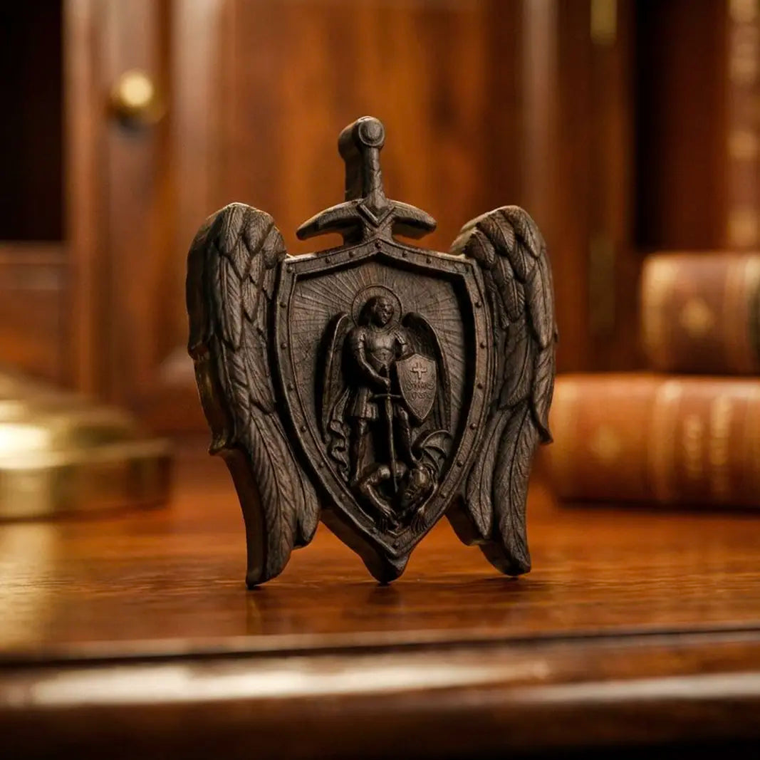 Personalized St Michael Mini Plaque – Ebony Wood Archangel Michael Wings Shield Decor