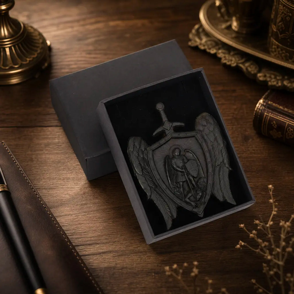 Personalized St Michael Mini Plaque – Ebony Wood Archangel Michael Wings Shield Decor