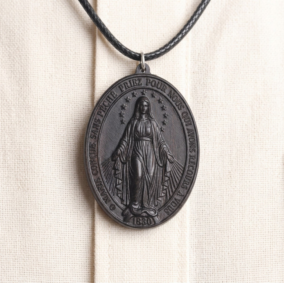Our Lady of the Miraculous Medal Necklace – Handcrafted Ebony Wood Catholic Mary Pendant