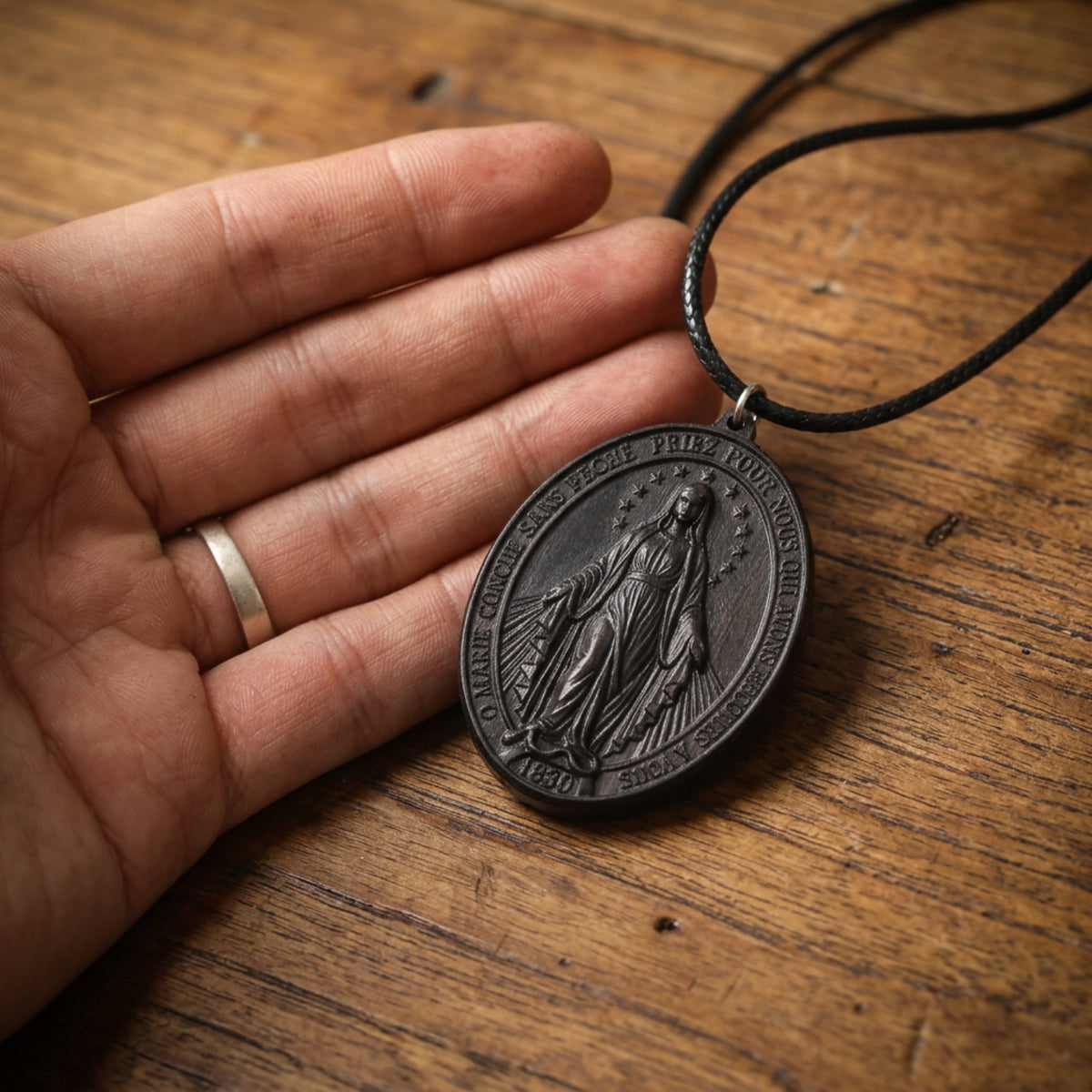 Our Lady of the Miraculous Medal Necklace – Handcrafted Ebony Wood Catholic Mary Pendant