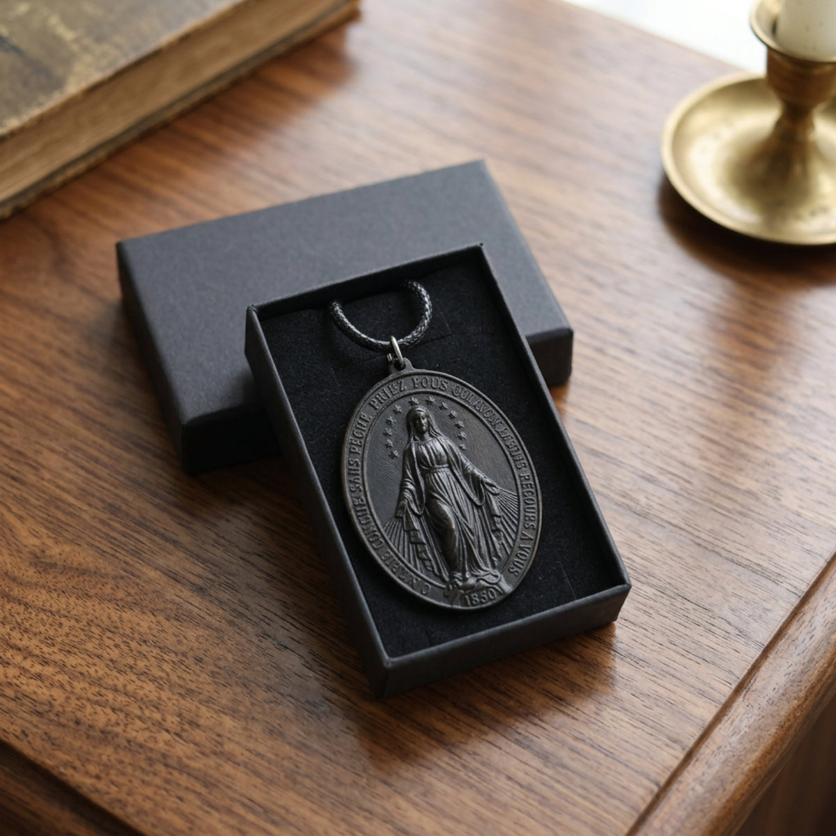 Our Lady of the Miraculous Medal Necklace – Handcrafted Ebony Wood Catholic Mary Pendant