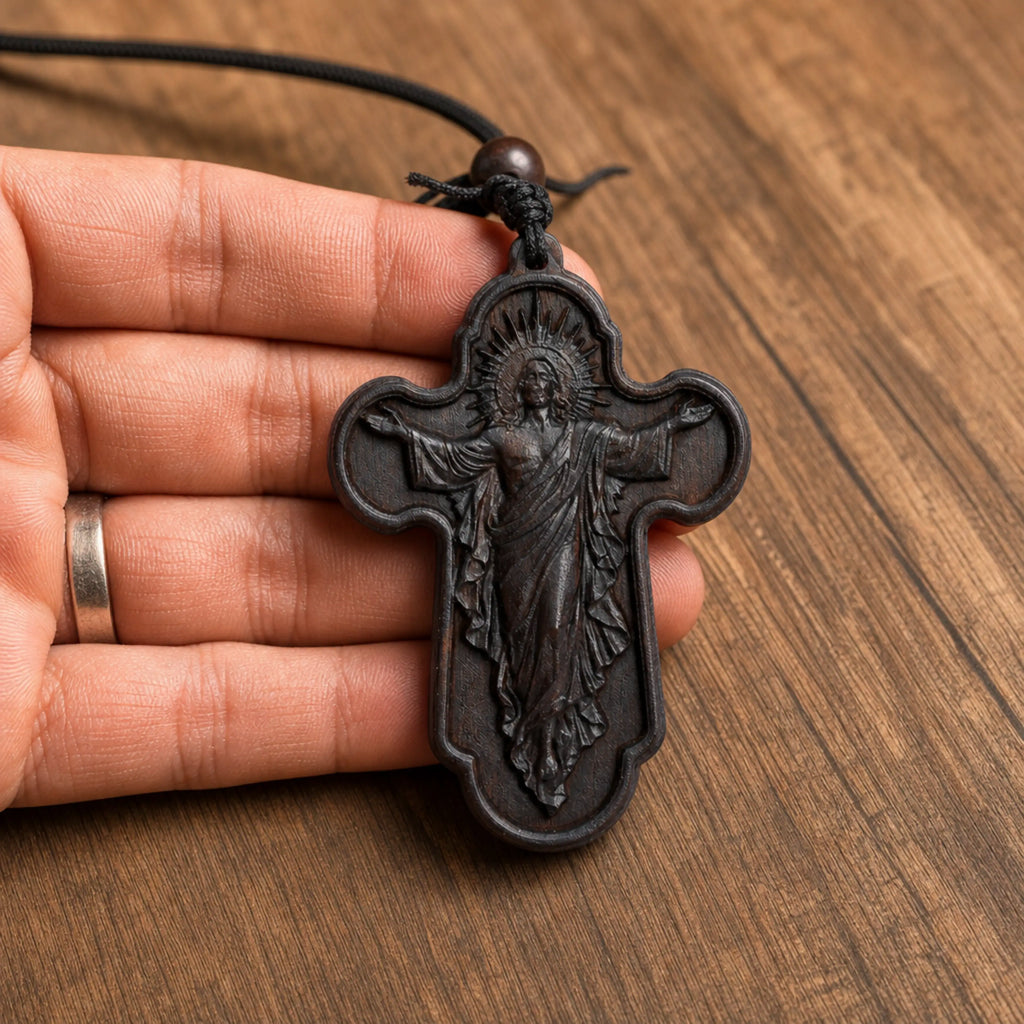 Resurrection of Jesus Cross Necklace – Handmade Reclaimed Ebony Wood Pendant
