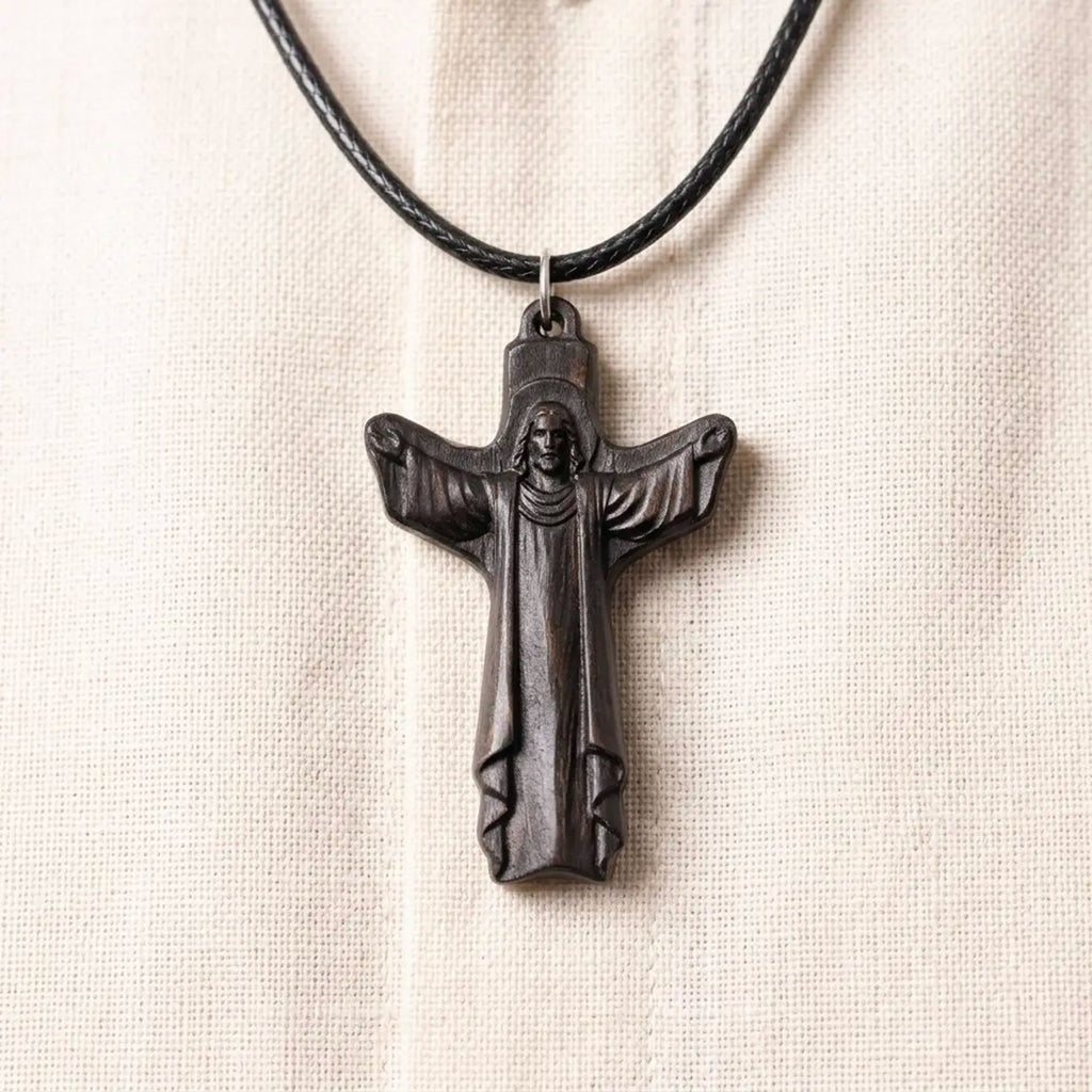 Personalized Risen Christ Ebony Cross Necklace – Hand-Carved Wood Pendant