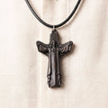 Personalized Risen Christ Ebony Cross Necklace – Hand-Carved Wood Pendant