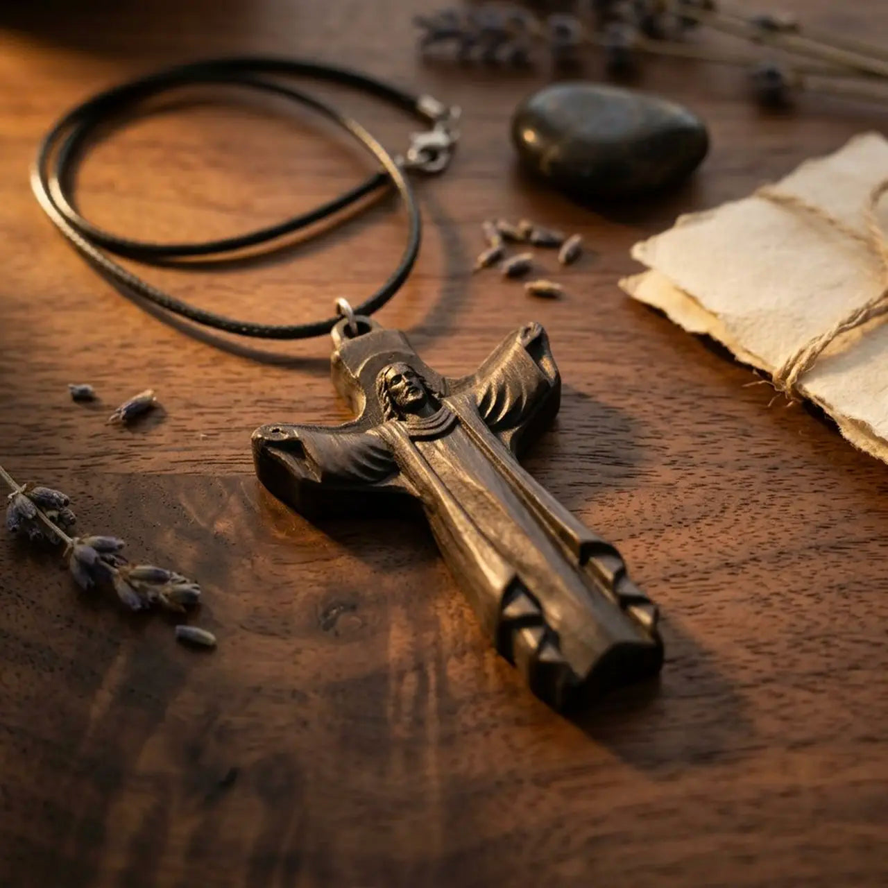 Personalized Risen Christ Ebony Cross Necklace – Hand-Carved Wood Pendant