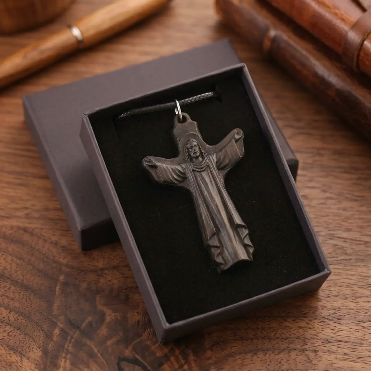 Personalized Risen Christ Ebony Cross Necklace – Hand-Carved Wood Pendant