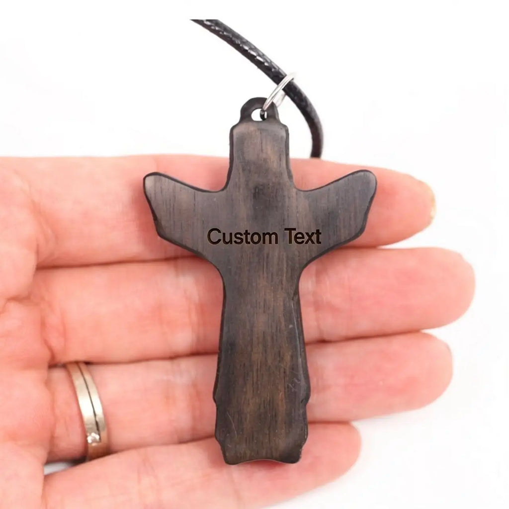 Personalized Risen Christ Ebony Cross Necklace – Hand-Carved Wood Pendant