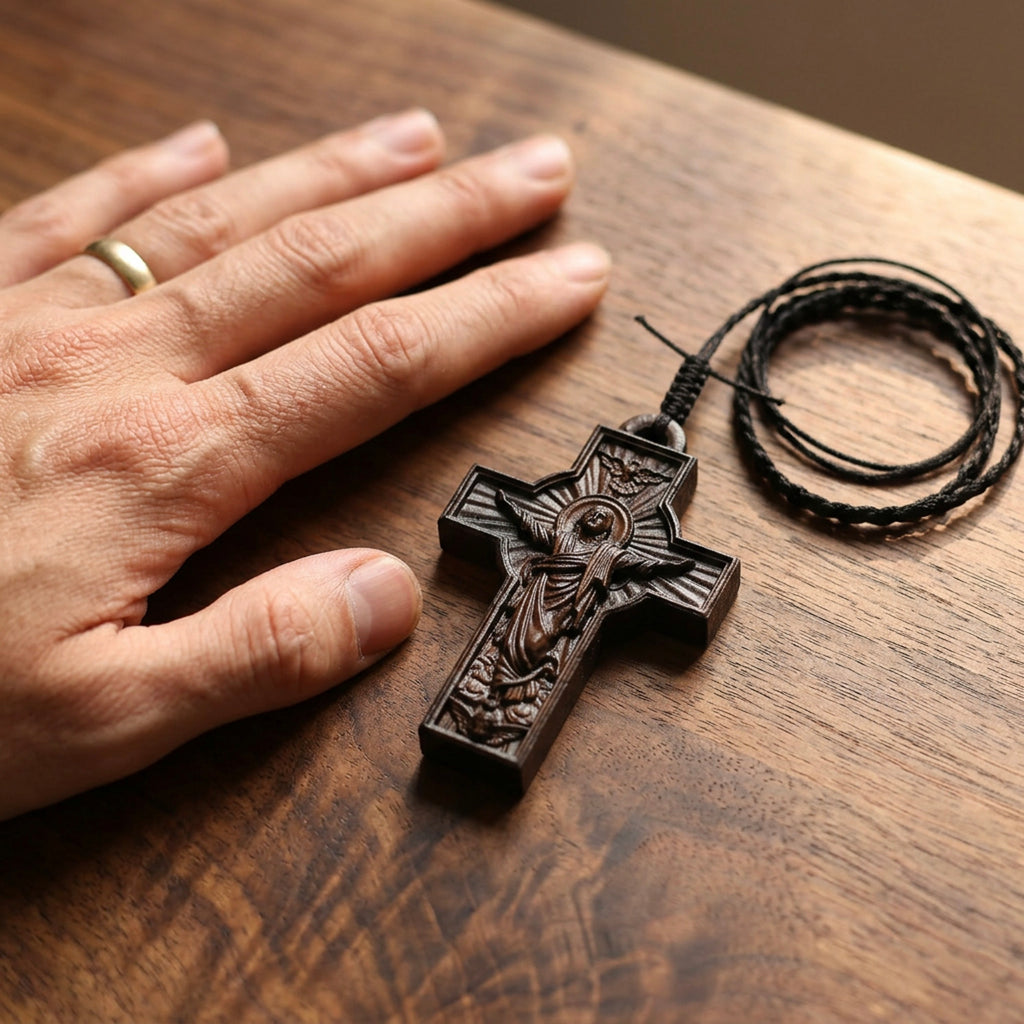 Handcrafted Ebony Wood Risen Jesus Cross Pendant Necklace – Personalized Catholic Jewelry – Reclaimed Antique Hardwood Christian Gift