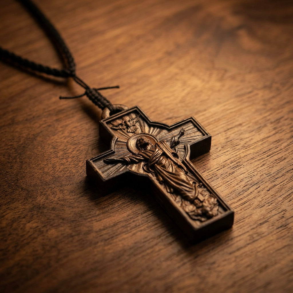Handcrafted Ebony Wood Risen Jesus Cross Pendant Necklace – Personalized Catholic Jewelry – Reclaimed Antique Hardwood Christian Gift