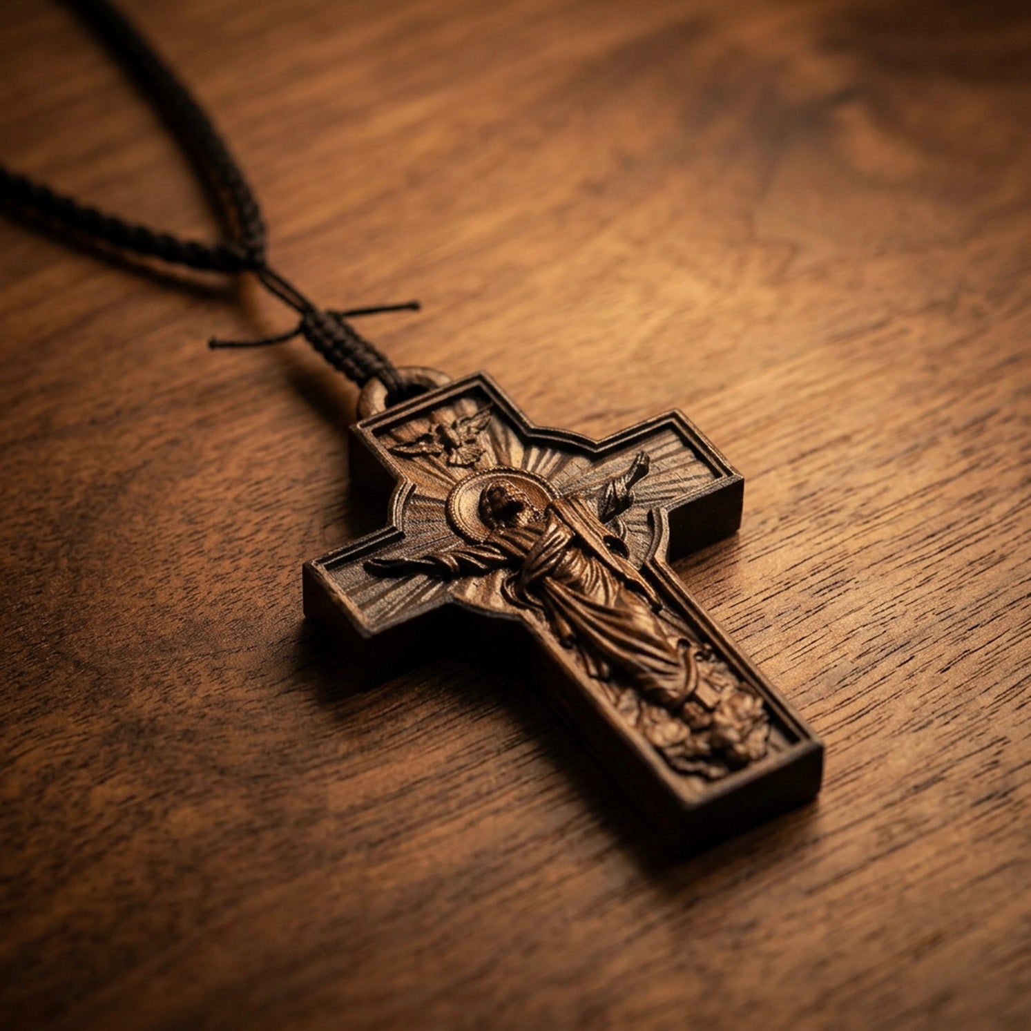 Handcrafted Ebony Wood Risen Jesus Cross Pendant Necklace – Personalized Catholic Jewelry – Reclaimed Antique Hardwood Christian Gift