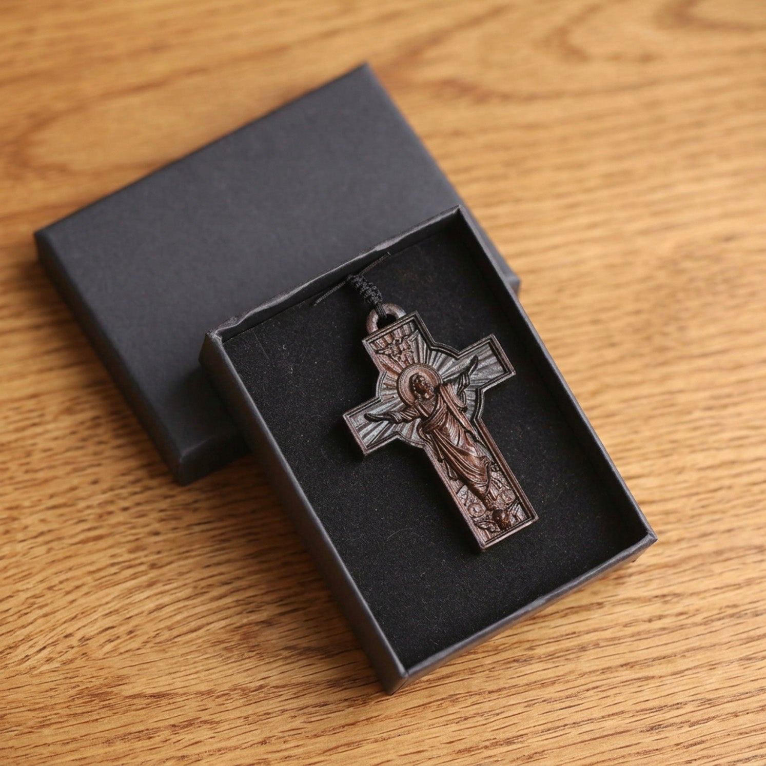 Handcrafted Ebony Wood Risen Jesus Cross Pendant Necklace – Personalized Catholic Jewelry – Reclaimed Antique Hardwood Christian Gift