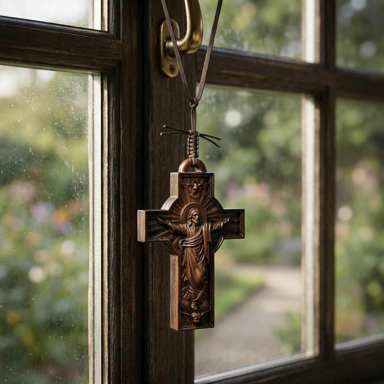 Handcrafted Ebony Wood Risen Jesus Cross Pendant Necklace – Personalized Catholic Jewelry – Reclaimed Antique Hardwood Christian Gift
