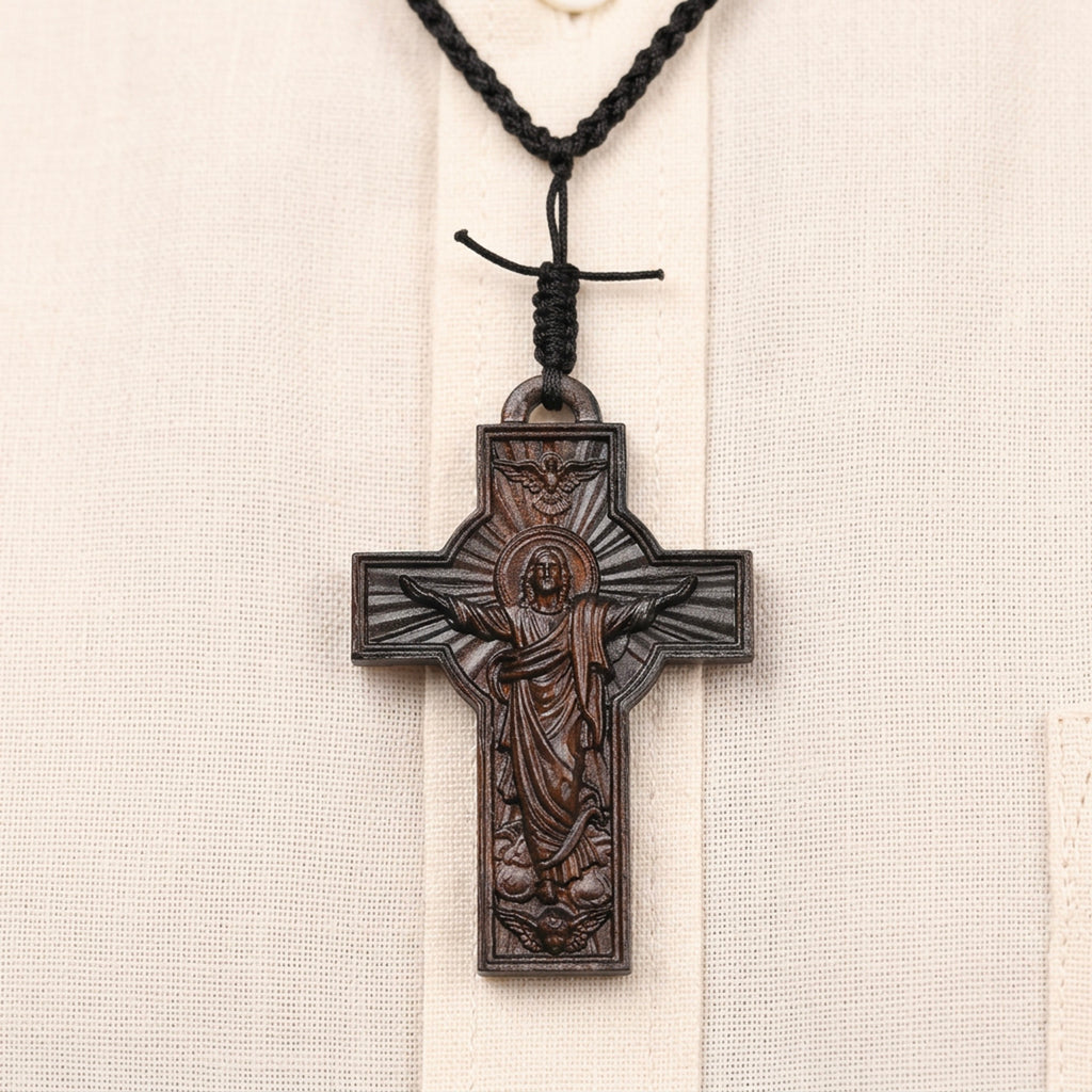 Handcrafted Ebony Wood Risen Jesus Cross Pendant Necklace – Personalized Catholic Jewelry – Reclaimed Antique Hardwood Christian Gift