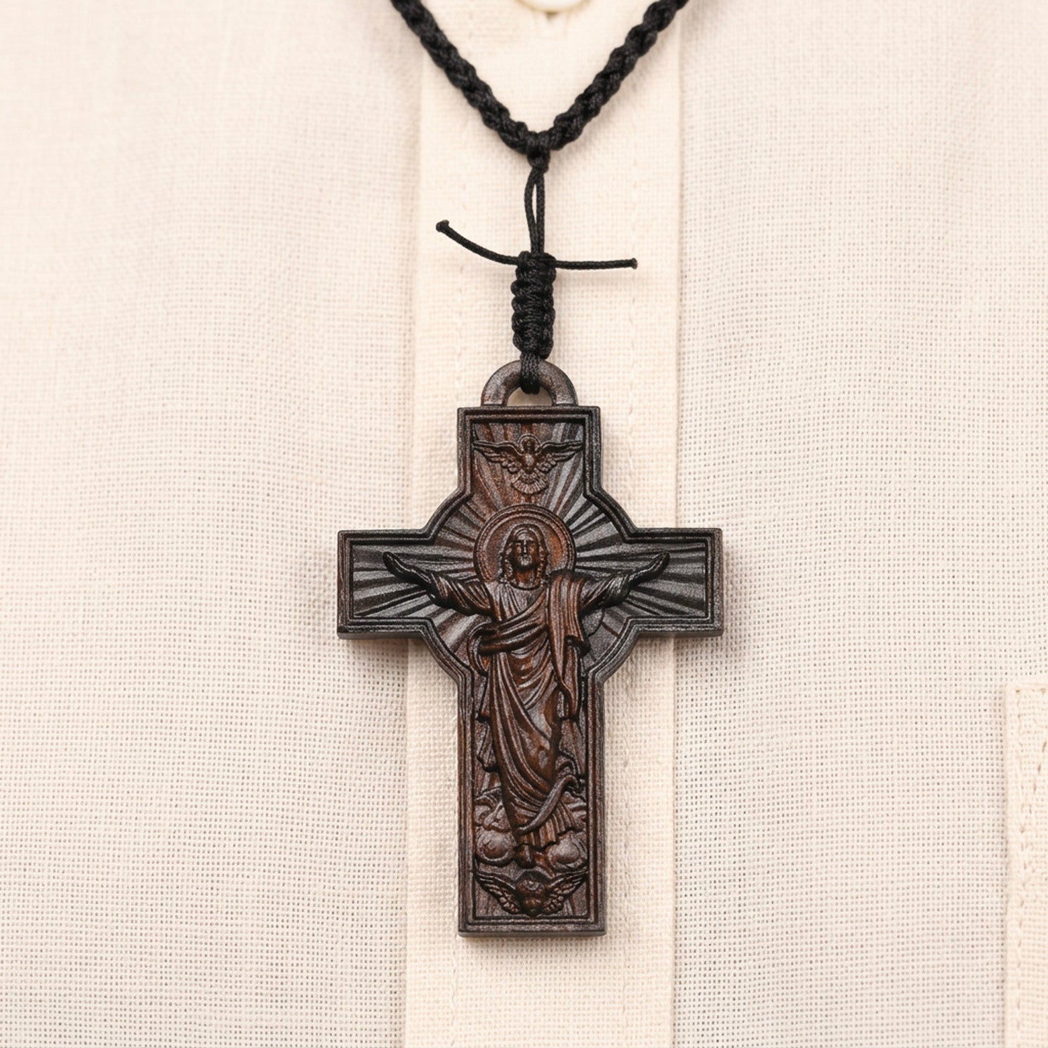 Handcrafted Ebony Wood Risen Jesus Cross Pendant Necklace – Personalized Catholic Jewelry – Reclaimed Antique Hardwood Christian Gift