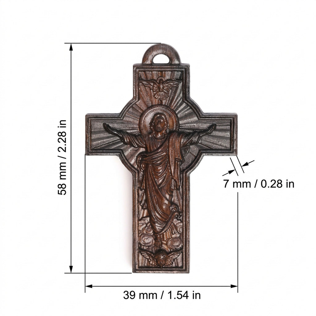 Handcrafted Ebony Wood Risen Jesus Cross Pendant Necklace – Personalized Catholic Jewelry – Reclaimed Antique Hardwood Christian Gift