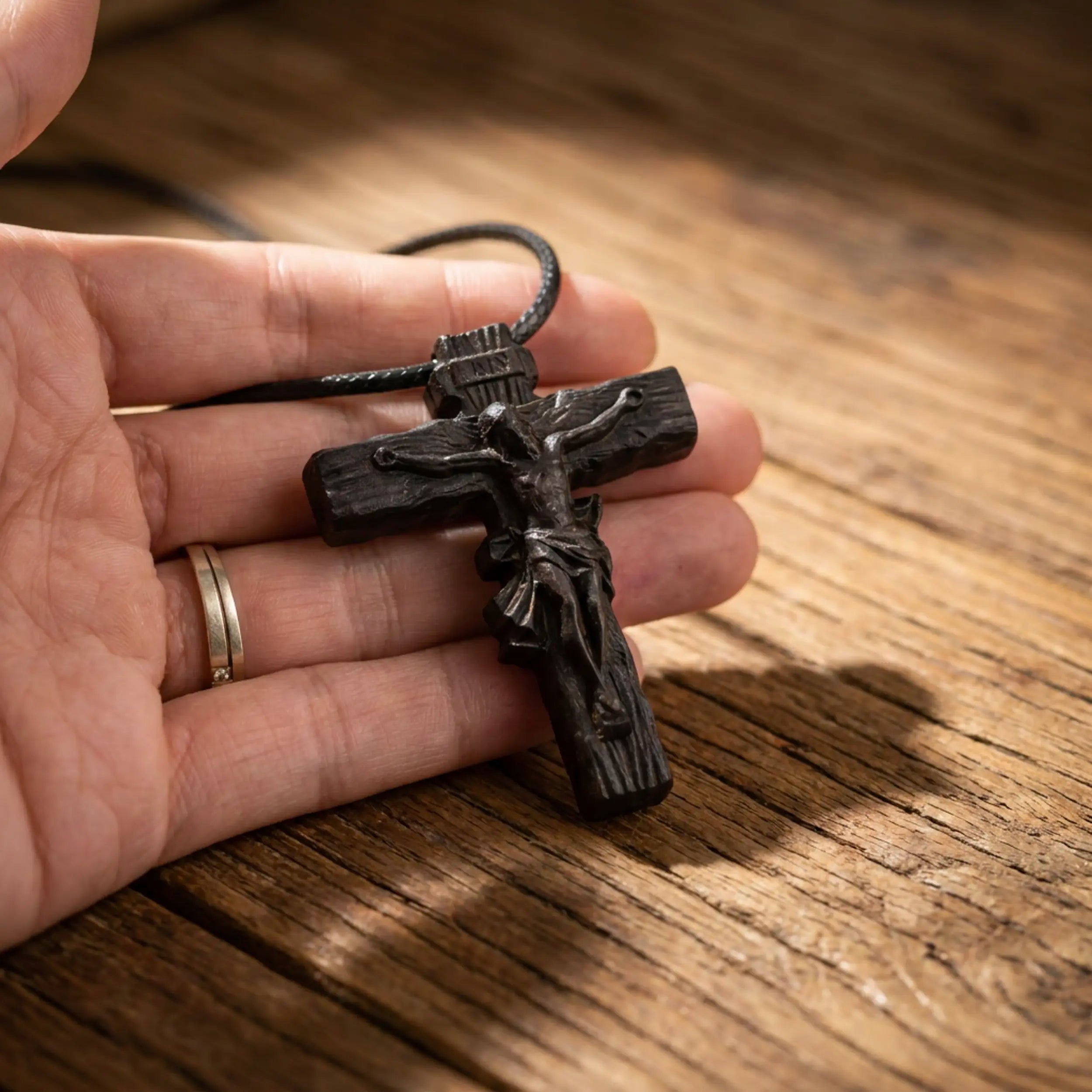 Rustic Crucifix Necklace – Handmade Reclaimed Ebony Wood Cross Pendant