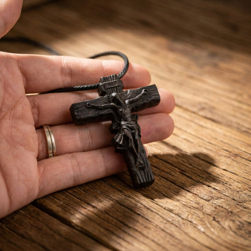 Rustic Crucifix Necklace – Handmade Reclaimed Ebony Wood Cross Pendant